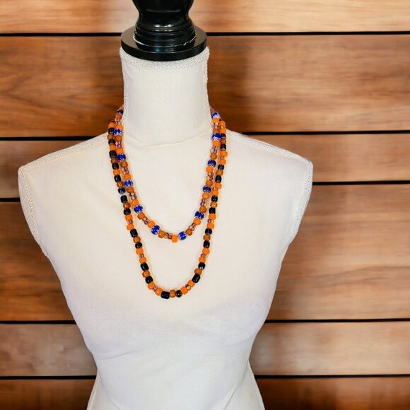 Set of 2 India Beads Orange and Blue Double Necklaces - Handmade - Picture 2 of 3